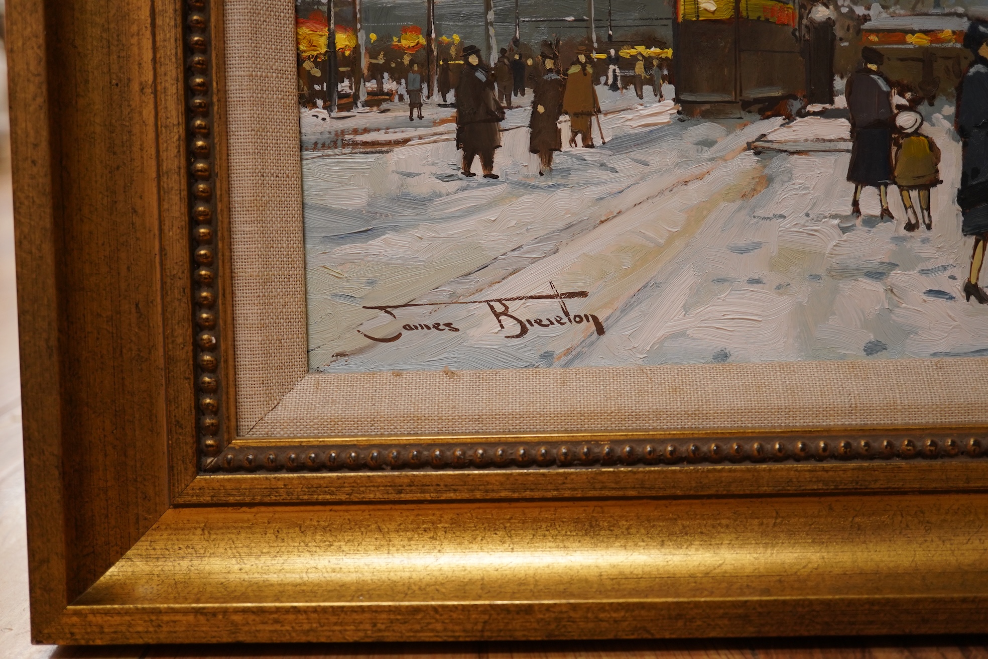 James Brereton (b.1954) ‘Snow in Paris’, signed, ex. Stacy Marks, oil on canvas, 29 x 39cm